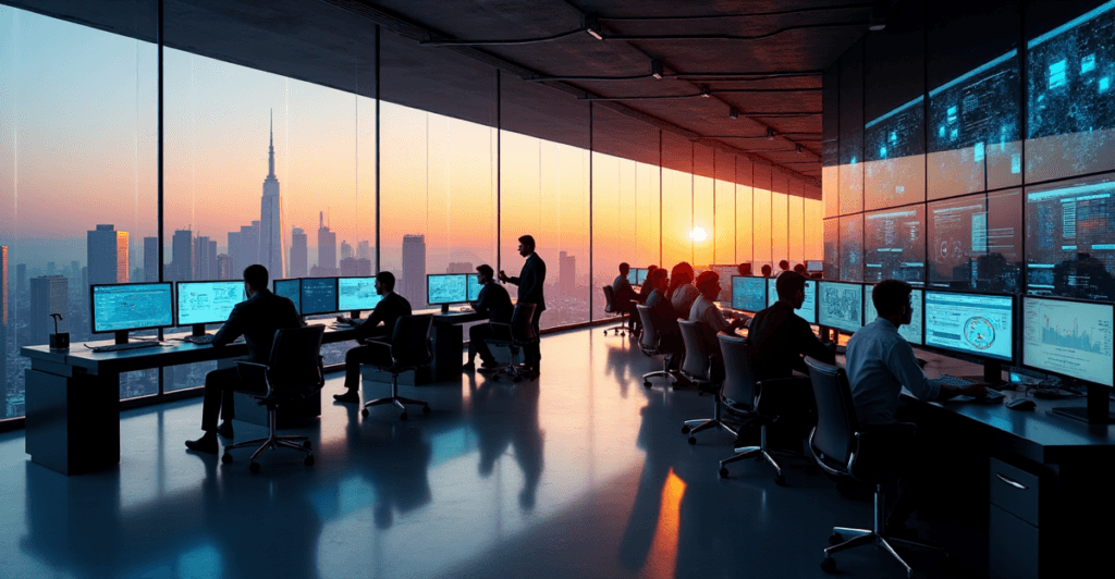 "A data analytics center at sunrise, showcasing professionals with AI automation skills intensely studying market research findings on massive screens."